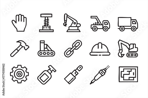 Black and white construction symbols featuring hammer and hard hat