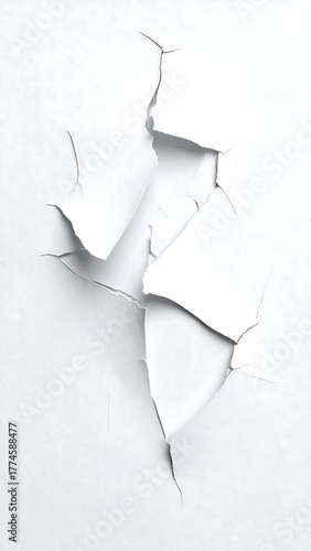 Abstract white surface featuring peeling paint in jagged shapes, casting soft shadows