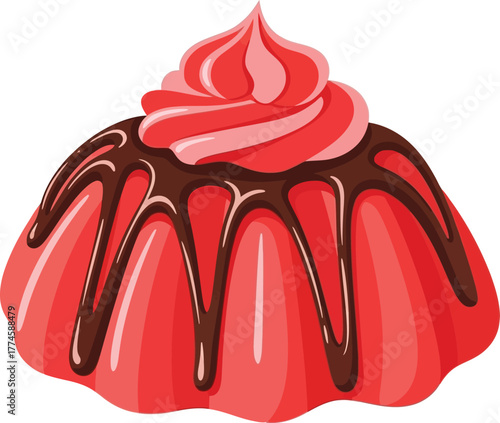 Flat design strawberry jelly with chocolate drizzle and whipped cream