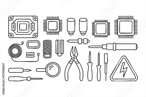 Minimal electronics repair and hardware tool icon collection