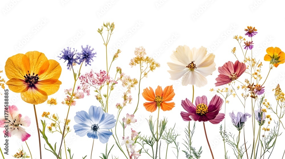 Fototapeta premium Colorful wildflowers on white background floral display botanical beauty spring blooms garden flowers photography