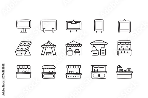 Market stall and booth icon set in black and white line art style