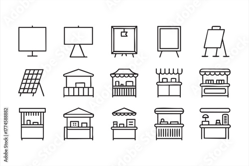Minimal line art collection of market stalls and exhibition booths