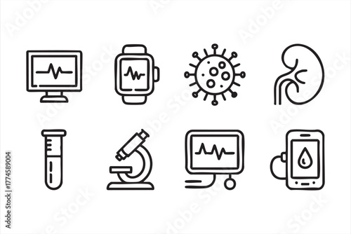 Line art medical diagnostics icons representing lab and smart tech tools