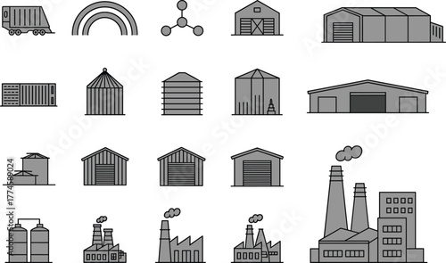 Industrial factory icon set, warehouse building vector collection, manufacturing plant illustration, storage facility design elements, logistics and industry symbols, constructio