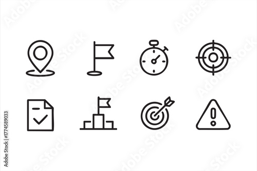 Goal and achievement icon set in minimalist black and white line art style