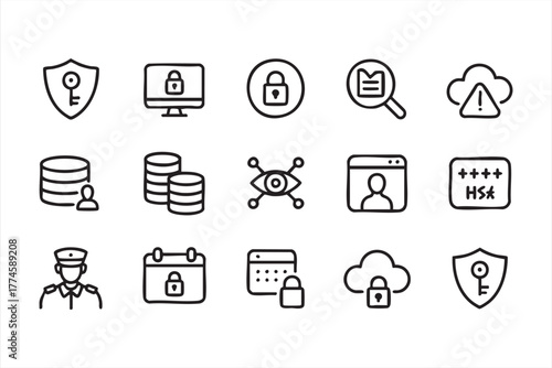Black and white cybersecurity icons representing protection and privacy