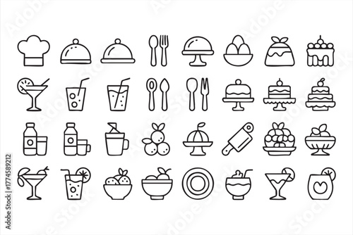 Vector outline icons of restaurant, chef, and dining elements