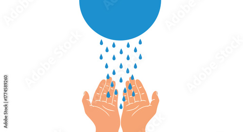 Hands catching falling water drops from a blue circle