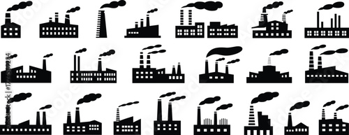 industrial factory silhouette icon set, manufacturing plant illustration, pollution smoke chimney vector, power industry buildings, energy production symbol, black factory design 