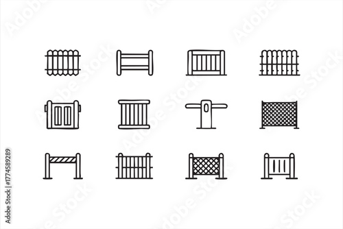 Fence and barrier icon set in minimalist black and white line art style