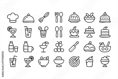 Cooking and dining vector icons representing meals and celebration themes