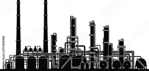 Industrial refinery silhouette vector showing distillation columns, tanks, chimneys, piping systems, chemical plant, engineering, infrastructure, emissions