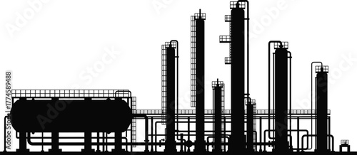 Industrial refinery silhouette vector showing distillation columns, tanks, chimneys, piping systems, chemical plant, engineering, infrastructure, emissions