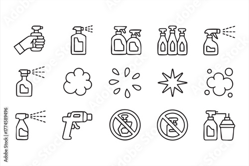 Spray bottle and cleaning product icon set in minimalist line art style