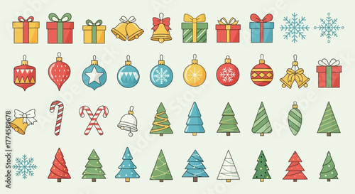 A vibrant collection of Christmas holiday icons featuring gift boxes, festive ornaments, jingle bells, candy canes, snowflakes, and various stylized evergreen trees.