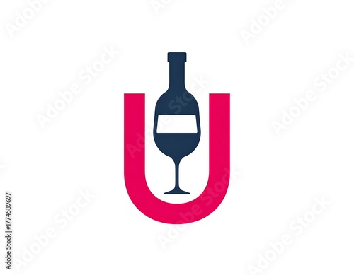 Abstract wine bottle and glass integrated in letter U, minimal graphic style