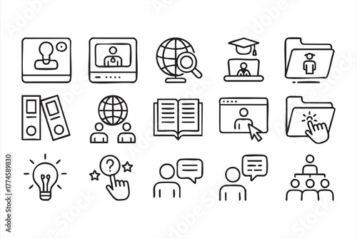 Online education and e-learning icon set in minimalist black and white line art