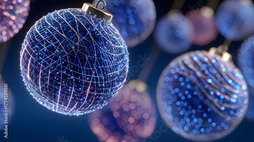Uturistic wireframe christmas balls in low poly 3d style on blue background featuring glowing lines and digital festive decoration, perfect for modern merry christmas and new year 2026 banner design w