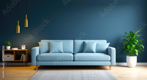 Modern Living Room Interior with Blue Sofa furniture design home decor plant table wood wall carpet pendant light houseplant cushion