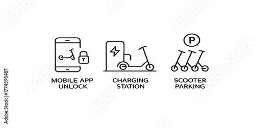 Print  Electric Scooter Sharing Line Icons — mobile app unlock, charging station, scooter parking vector