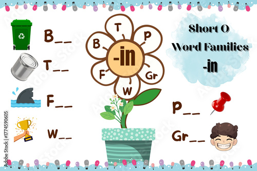 Tableau sur toile Short O Word Families -in Flower Educational Activity for Kids Learning Phonics