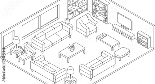 Isometric, black-and-white, modern, living room, interior, furniture, layout, sofa, armchair, coffee table, bookshelf, decor, window, lamp, ottoman, shelf, plant, TV, media console, minima