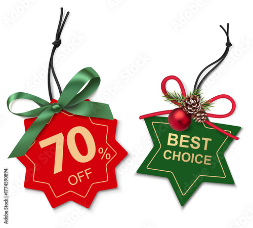 Set of decorative red and green paper price tag template with bow isolated on white. Beautiful new year or Christmas sale decoration for your design. Vector stock illustration