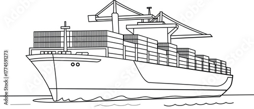 Large container cargo ship at sea, maritime logistics, global trade, ocean freight, commercial vessel, transport infrastructure, export import, nautical silhouette, crane deck, shipping industry