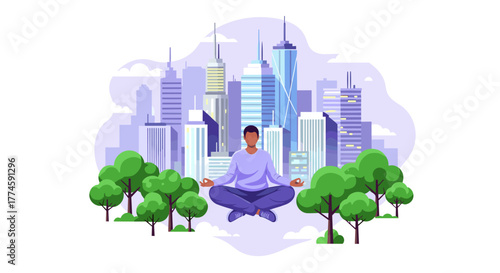 A serene individual finds inner peace through meditation, floating above green trees with a modern city skyline, illustrating urban tranquility and mental wellness.