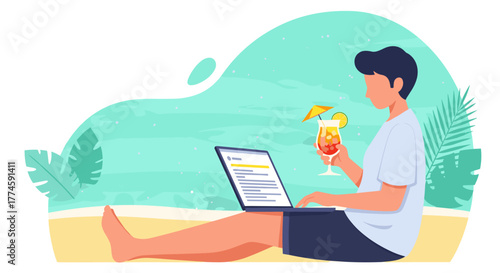 A young man enjoys remote work on a sunny beach, balancing productivity with tropical relaxation and a vibrant cocktail, embodying the digital nomad lifestyle.