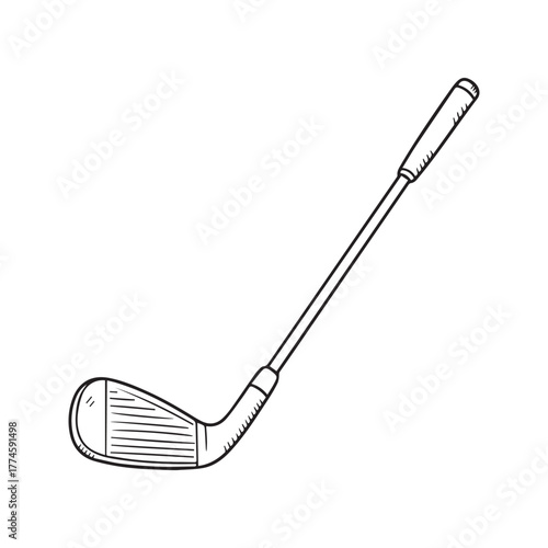 Hand-drawn Golf Club Icon. Black and white doodle sketch of a golf iron. Vector line art illustration of sports equipment.
