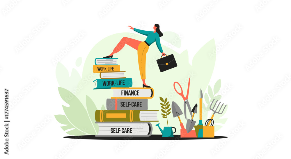 Obraz premium A professional woman balances on books representing work, finance, and self-care, illustrating the delicate pursuit of life harmony and personal well-being.