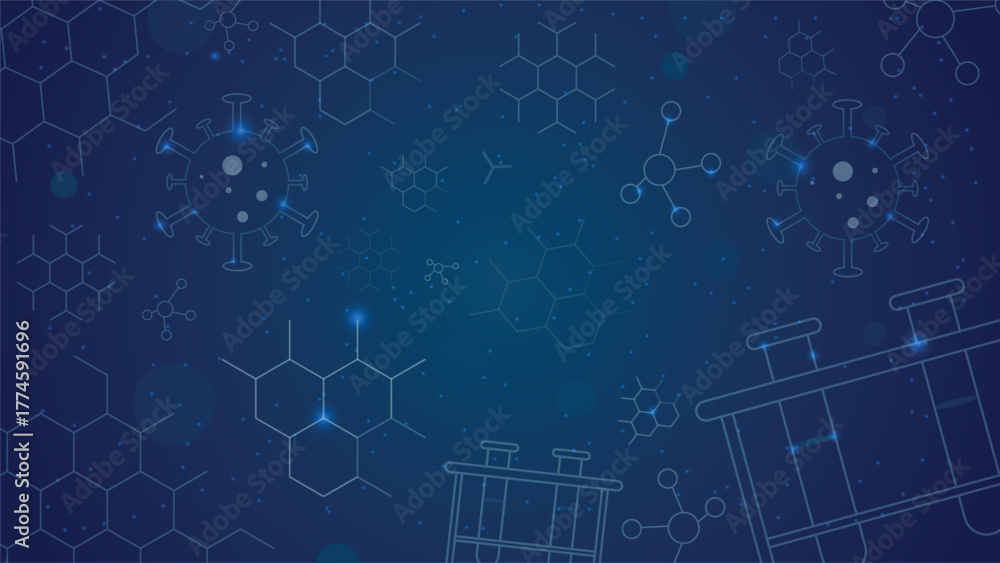 Fototapeta premium Modern abstract science background showing molecular structures virus shapes and laboratory equipment with glowing particles on a blue digital chemistry and research theme.