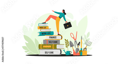 A professional woman balances on books representing work, finance, and self-care, illustrating the delicate pursuit of life harmony and personal well-being.