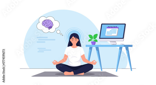 A serene woman practices mindful meditation at home, finding inner peace and mental clarity amidst a modern work environment, promoting well-being and stress reduction.