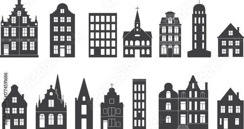 Silhouette collection of diverse architectural buildings, historical and modern styles, black and white urban structures, European facades, cityscape elements, design inspiration, educational use