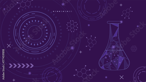 Abstract futuristic chemistry background featuring a glowing polygonal flask molecular structures and circular digital patterns on a modern purple science and technology theme.