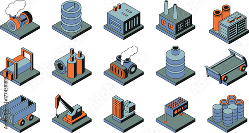 Isometric industrial icons, factory, machinery, generator, crane, control panel, barrels, pipe system, transport cart, vector illustration, equipment, engineering, manufacturing