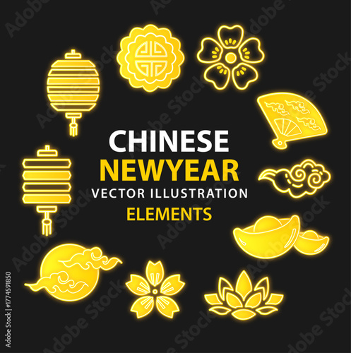 Neon Glow Chinese New Year Decoration Element Festive, A collection of glowing neon style Chinese New Year decorative elements including lantern, blossom, fan, ingot and cloud with black background.