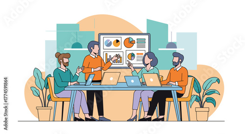 Modern business professionals engage in a productive meeting, discussing analytical data and strategic insights displayed on a large monitor.