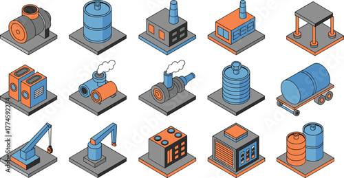 Isometric industrial icons, factory, machinery, robotic arm, crane, boiler, tank, control room, pipe system, vector illustration, equipment, manufacturing, engineering