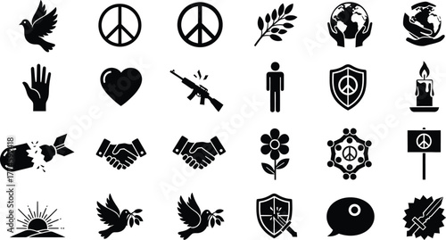 Collection of peace symbols and anti war icons including doves peace signs hearts and hands isolated on transparent background