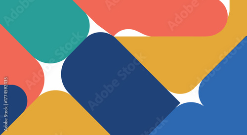 Abstract geometric composition with rounded rectangular shapes in vibrant teal, coral, mustard yellow, and deep blue, creating a dynamic and modern visual pattern.