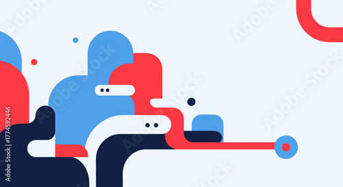 Abstract illustration featuring rounded geometric shapes in red, blue, and black, connected by flowing lines on a light background.