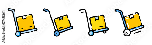 Set of icons depicting hand truck and parcel moving in motion