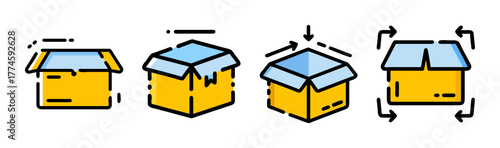 Four yellow cardboard boxes with open lids in different states