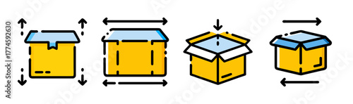 Collection of four stylized cardboard box icons, isometric view