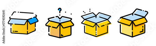 Collection of four open cardboard boxes in different states of undress