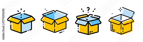 Collection of isometric open cardboard boxes vector icon set